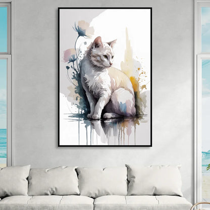 Minimalist White Cat Living Room - Black Canvas Wall Art