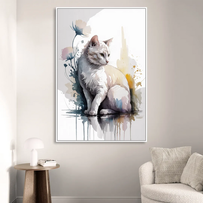 Minimalist White Cat Sitting Room - White Canvas Wall Art