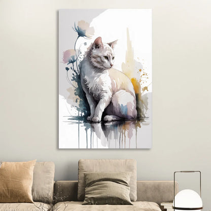 Minimalist White Cat Sitting Room - Canvas Wall Art