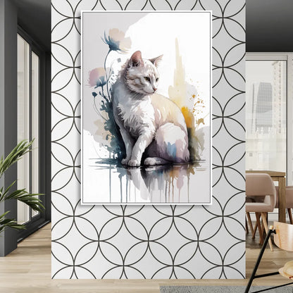 Minimalist White Cat Living Room - White Canvas Wall Art