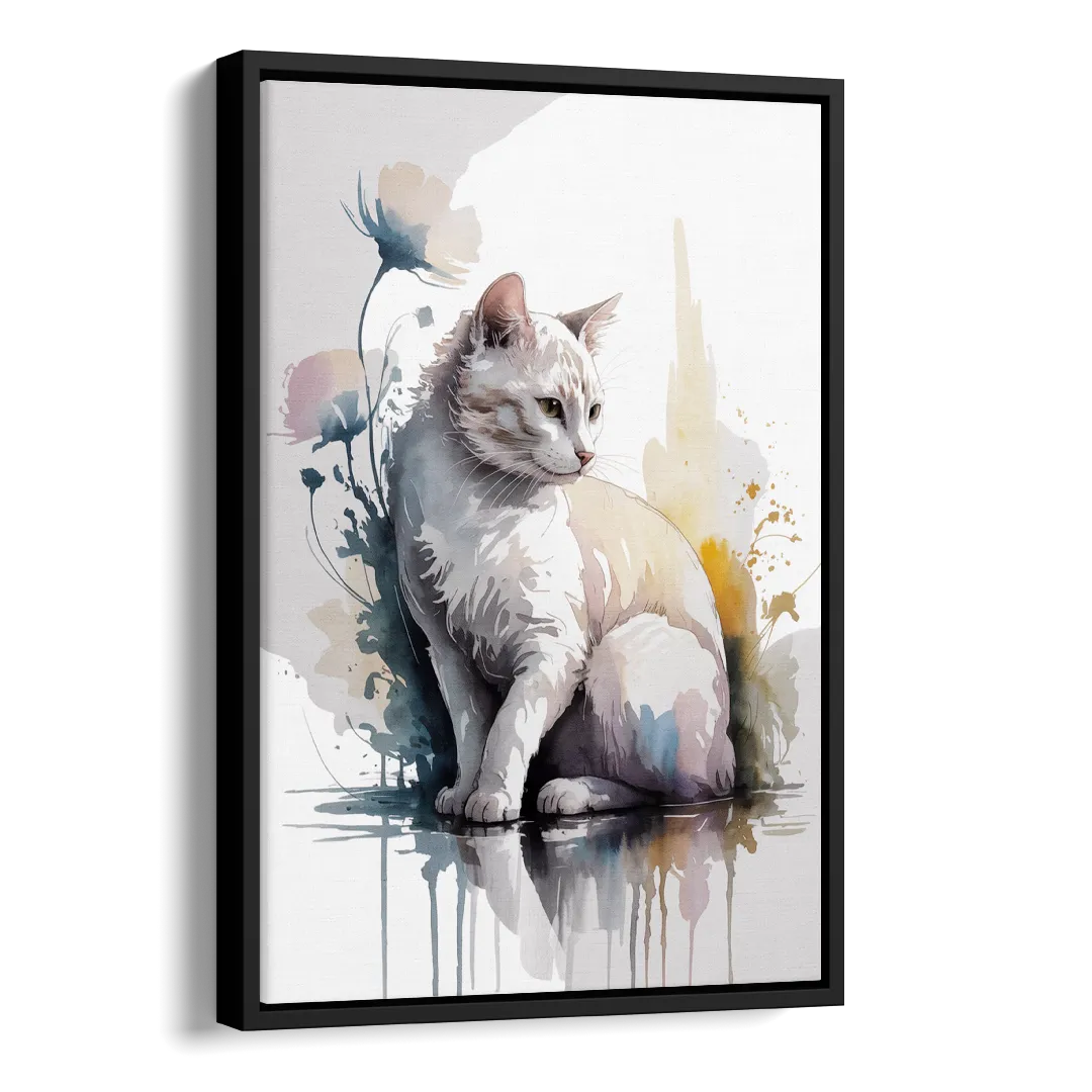 Minimalist White Cat Side - Black Canvas Wall Art