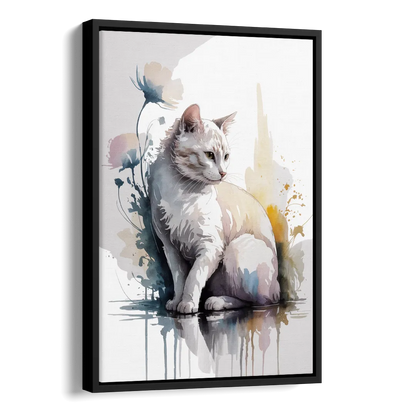 Minimalist White Cat Side - Black Canvas Wall Art