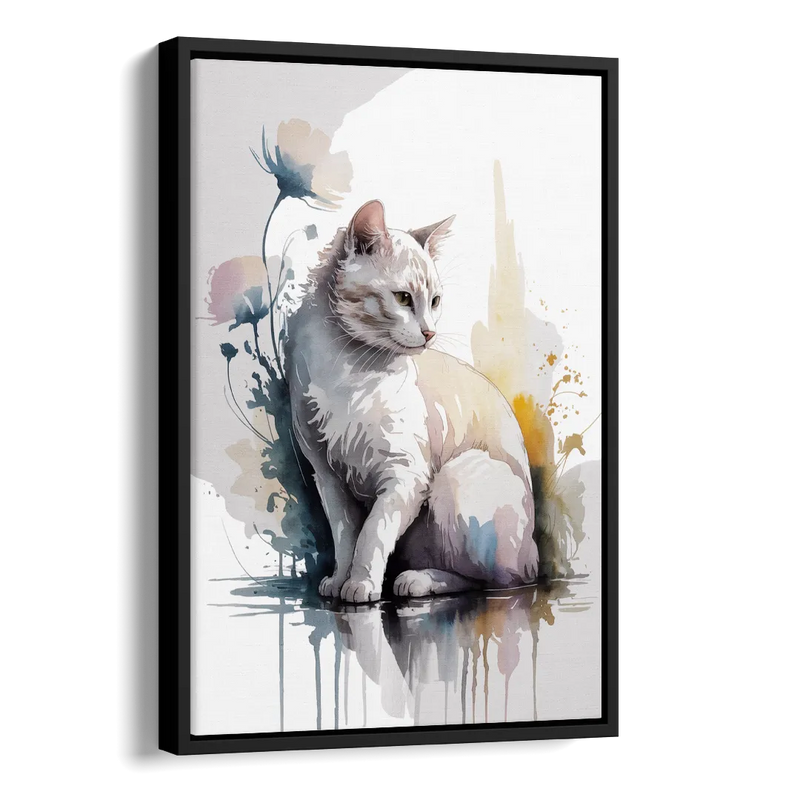 Minimalist White Cat Side - Black Canvas Wall Art