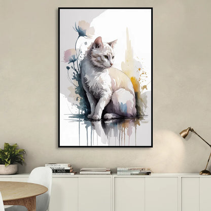 Minimalist White Cat Sitting Room - Black Canvas Wall Art