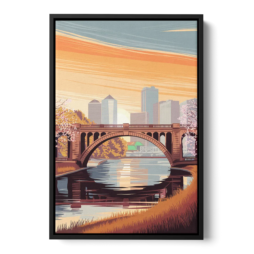 Minneapolis Iconic Stone Arch Bridge Front - Black Canvas Wall Art