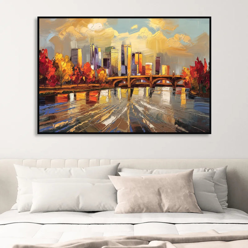 Minneapolis Mississippi River View Living Room - Black Canvas Wall Art