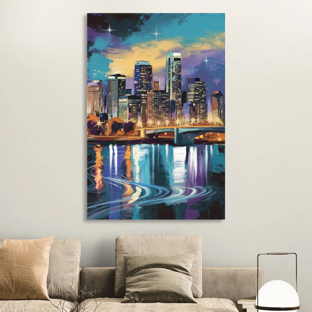 Minneapolis Urban Skyline Reflection Living Room - Canvas Wall Art