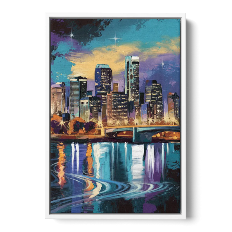 Minneapolis Urban Skyline Reflection Front - White Canvas Wall Art