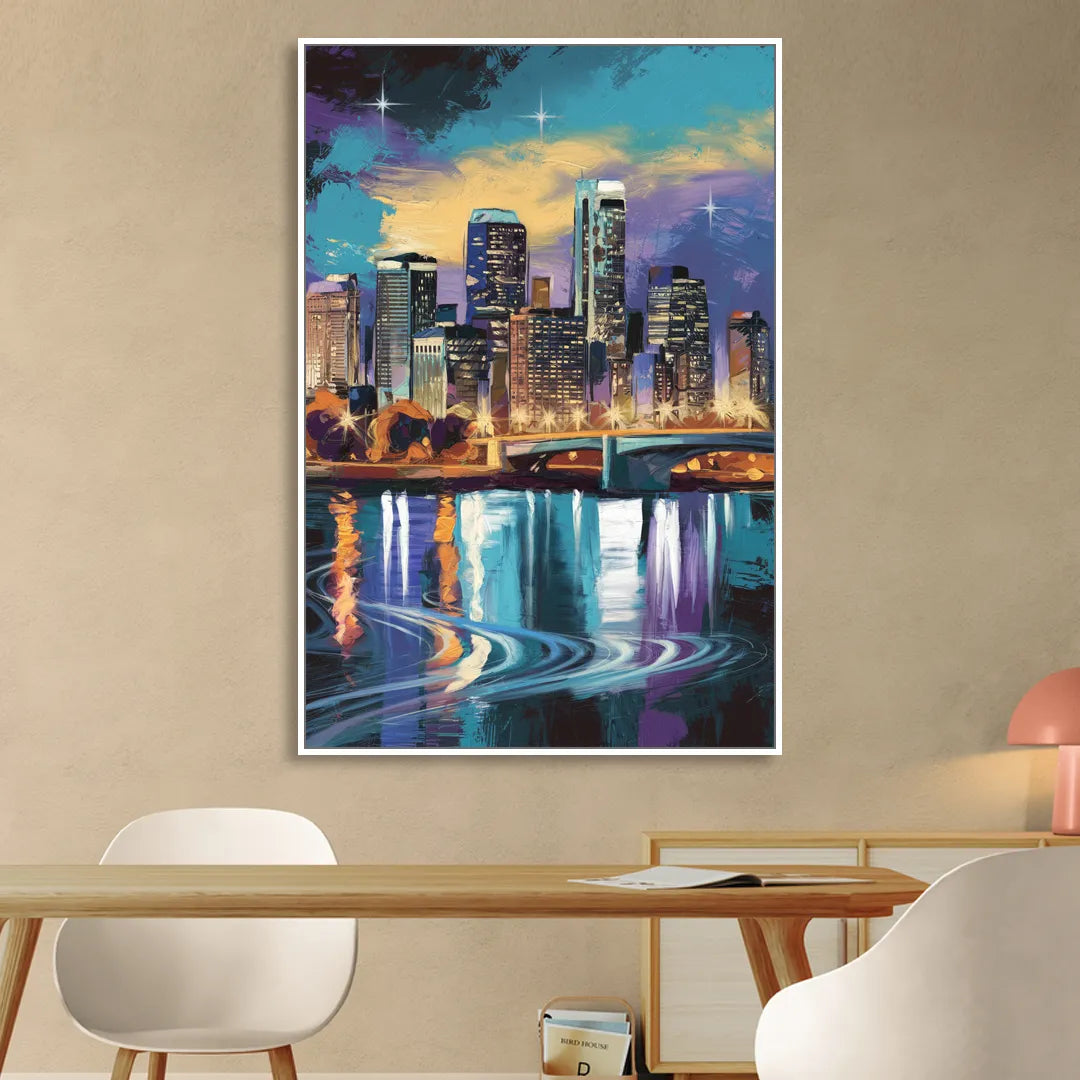 Minneapolis Urban Skyline Reflection Sitting Room - White Canvas Wall Art