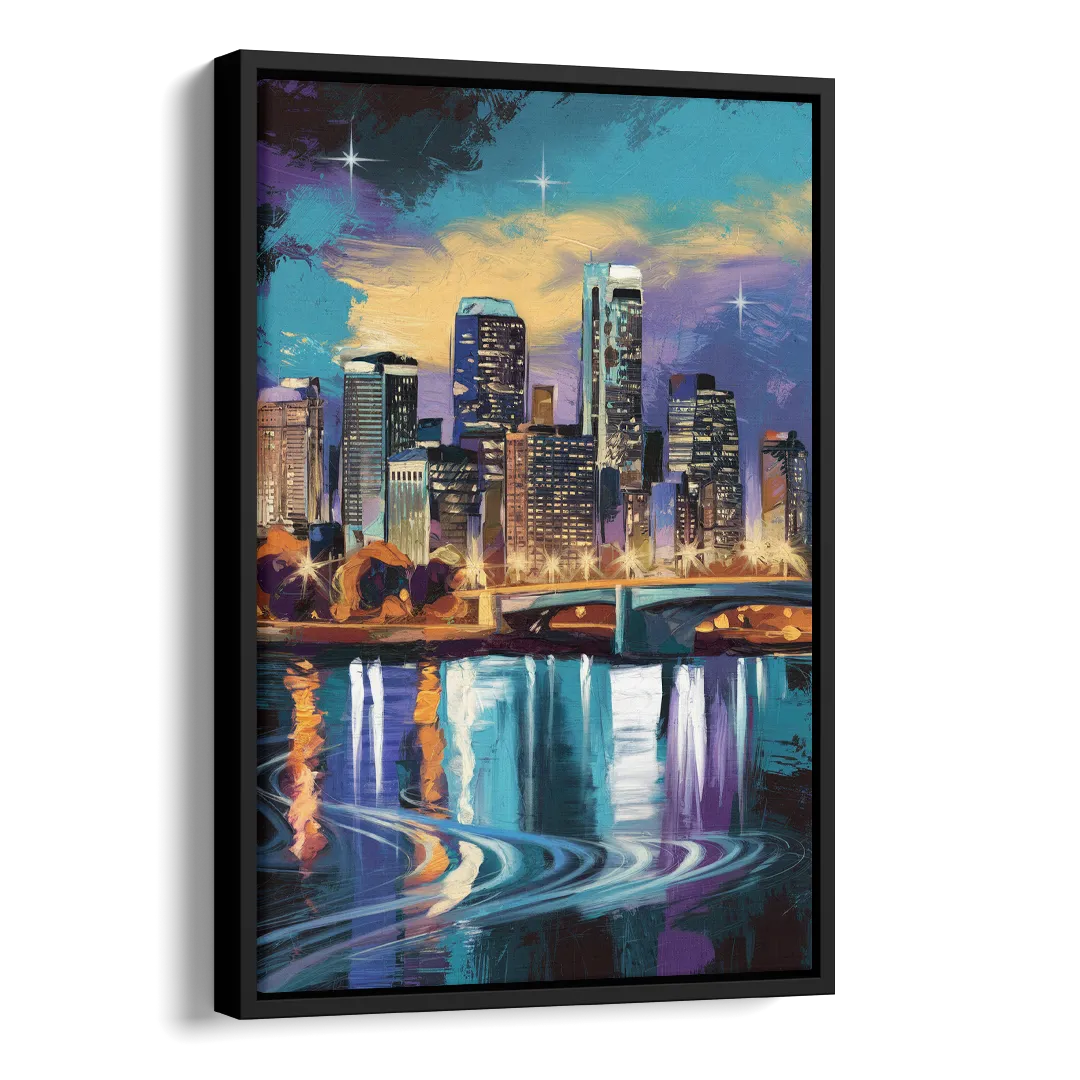 Minneapolis Urban Skyline Reflection Side - Black Canvas Wall Art