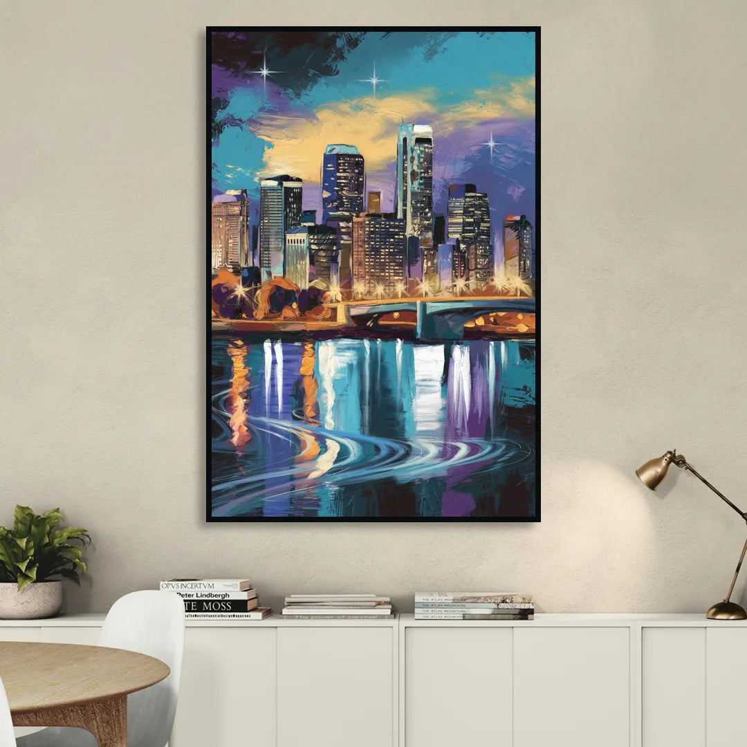 Minneapolis Urban Skyline Reflection Living Room - Black Canvas Wall Art