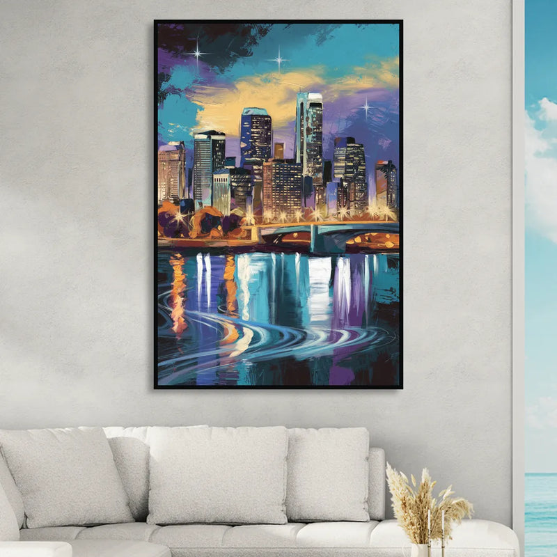 Minneapolis Urban Skyline Reflection Sitting Room - Black Canvas Wall Art