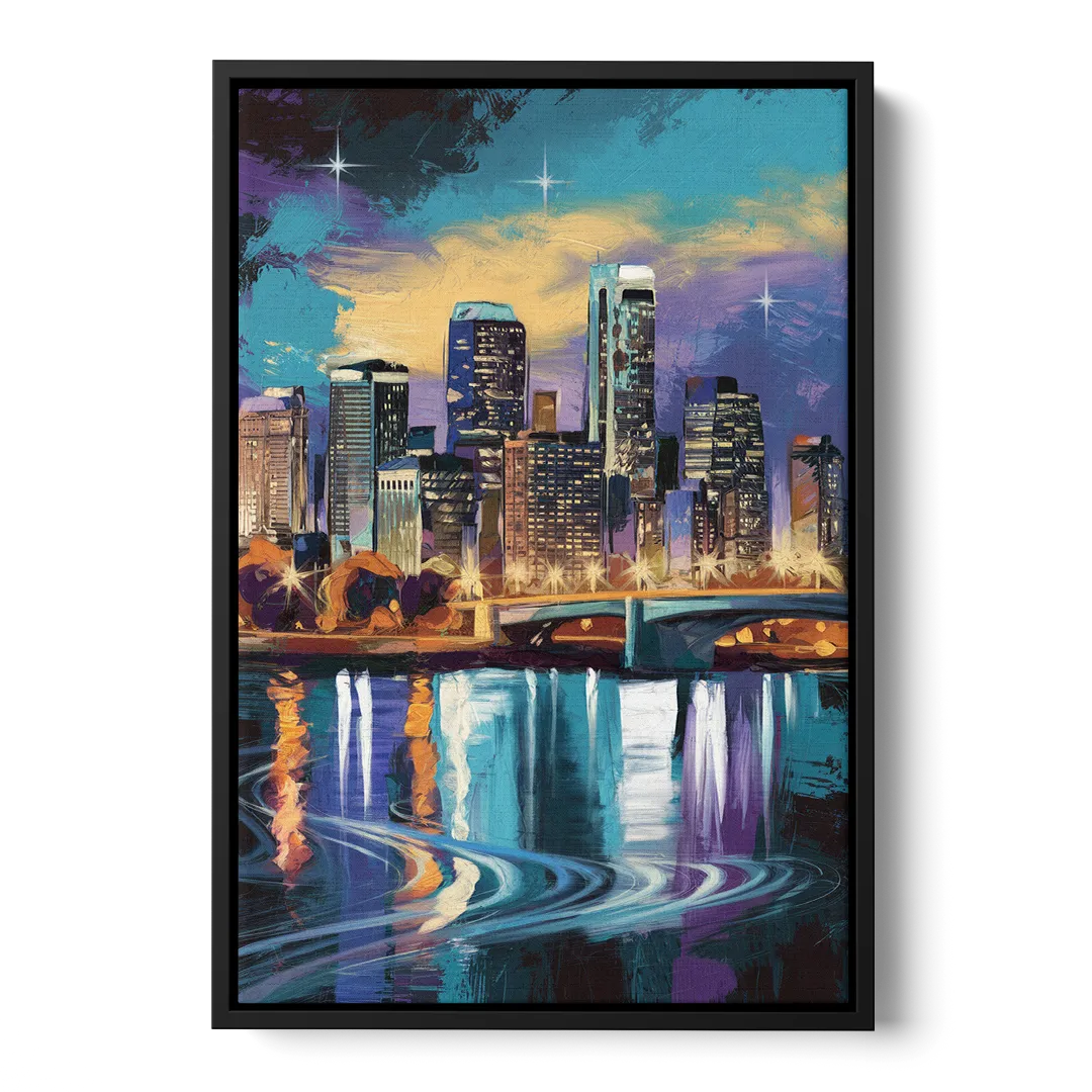 Minneapolis Urban Skyline Reflection Front - Black Canvas Wall Art