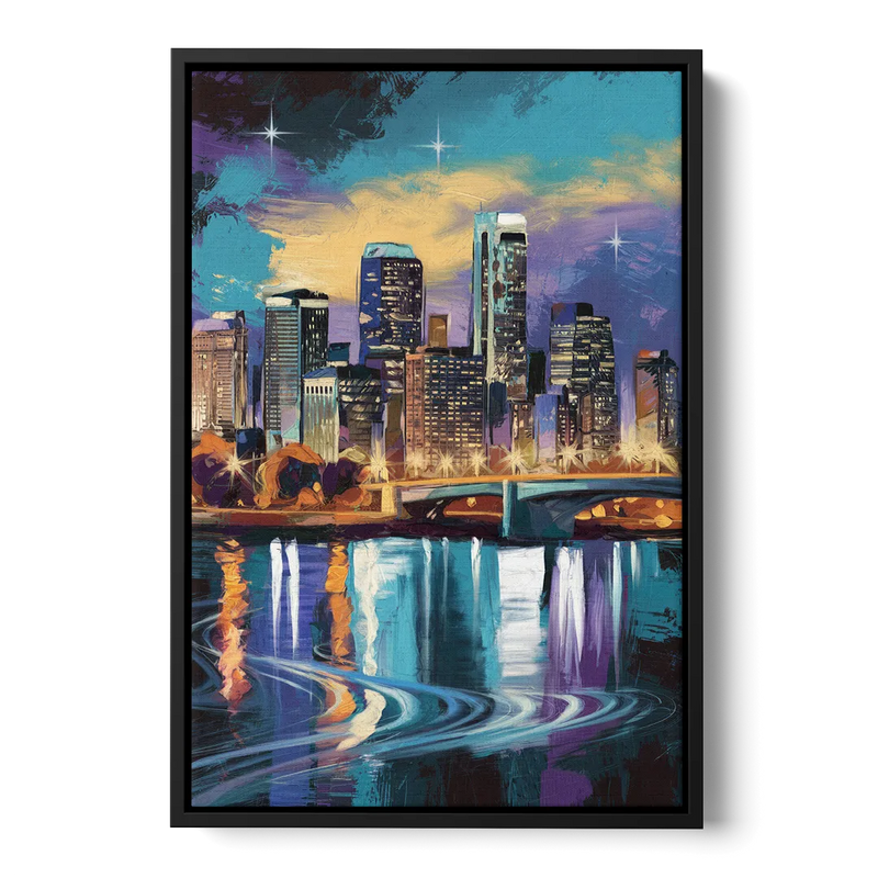 Minneapolis Urban Skyline Reflection Front - Black Canvas Wall Art