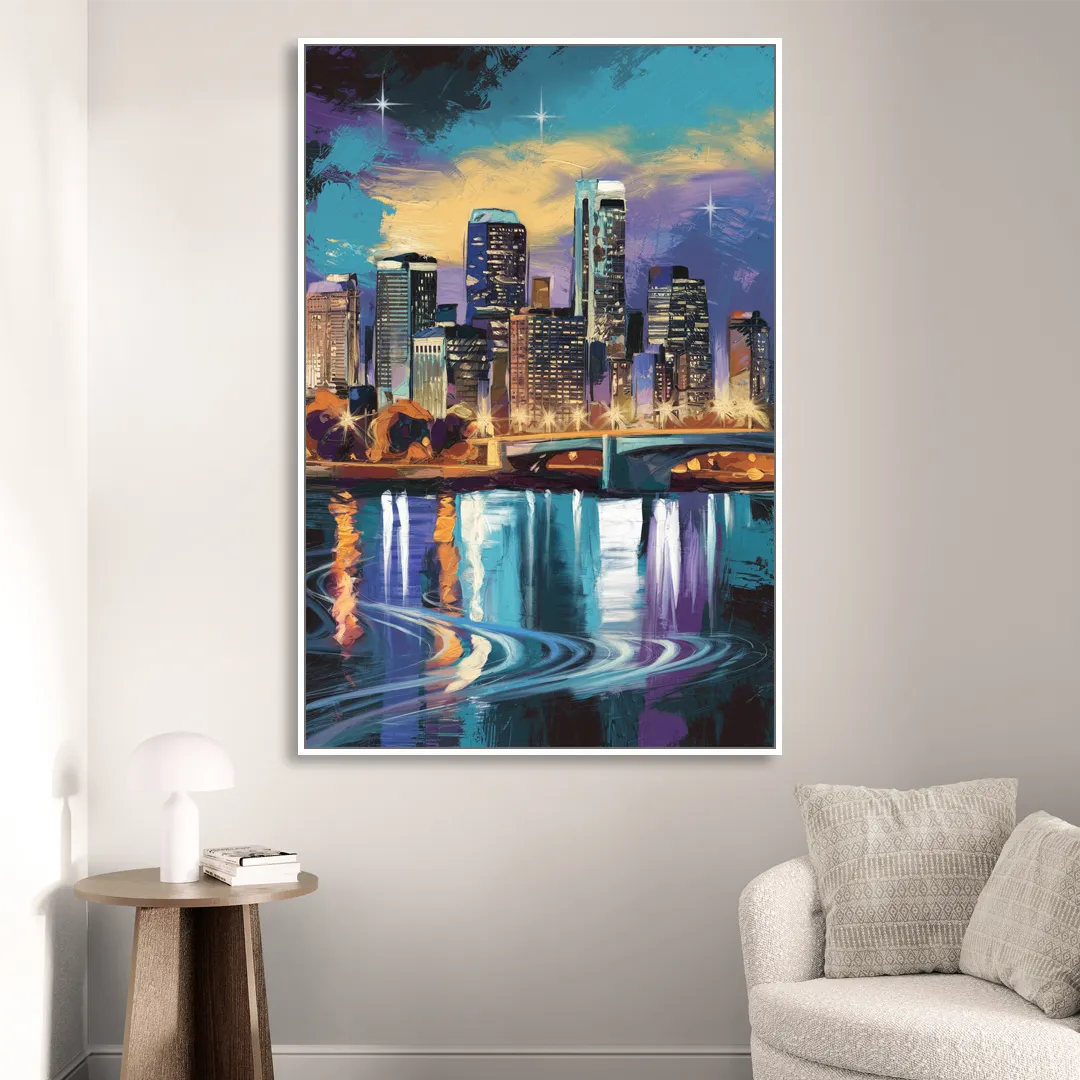Minneapolis Urban Skyline Reflection Living Room - White Canvas Wall Art