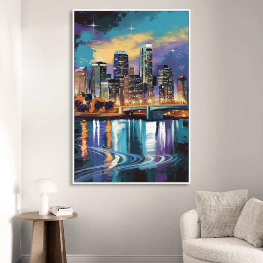 Minneapolis Urban Skyline Reflection Living Room - White Canvas Wall Art