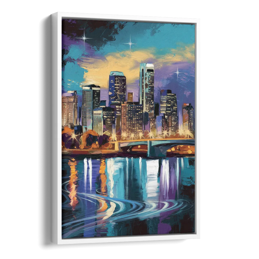 Minneapolis Urban Skyline Reflection Side - White Canvas Wall Art