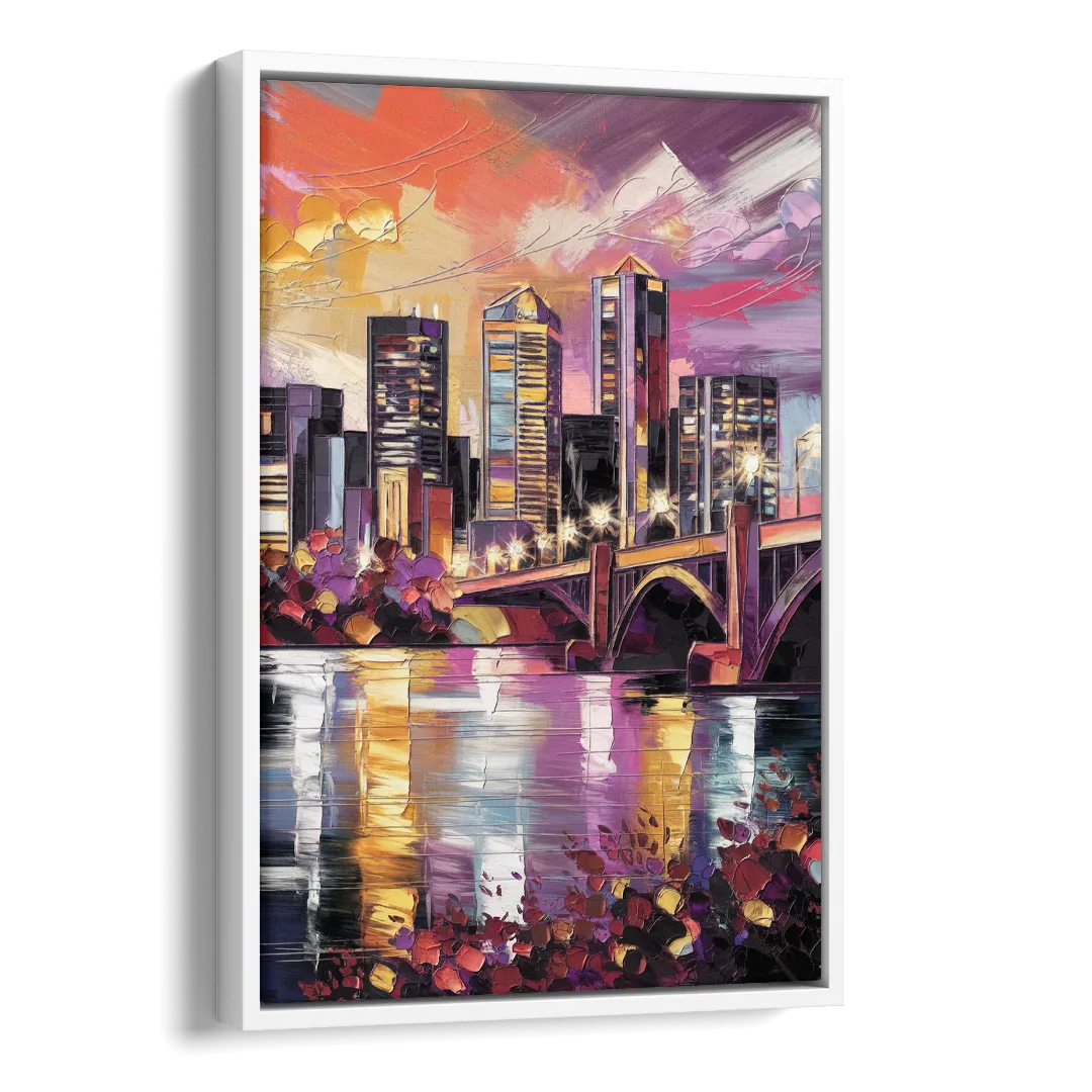 Minneapolis Vibrant City Lights Side - White Canvas Wall Art