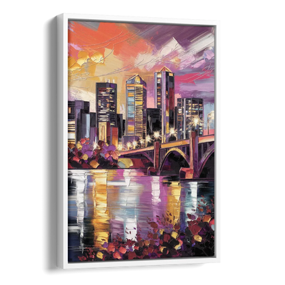 Minneapolis Vibrant City Lights Side - White Canvas Wall Art