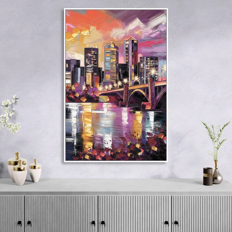 Minneapolis Vibrant City Lights Sitting Room - White Canvas Wall Art