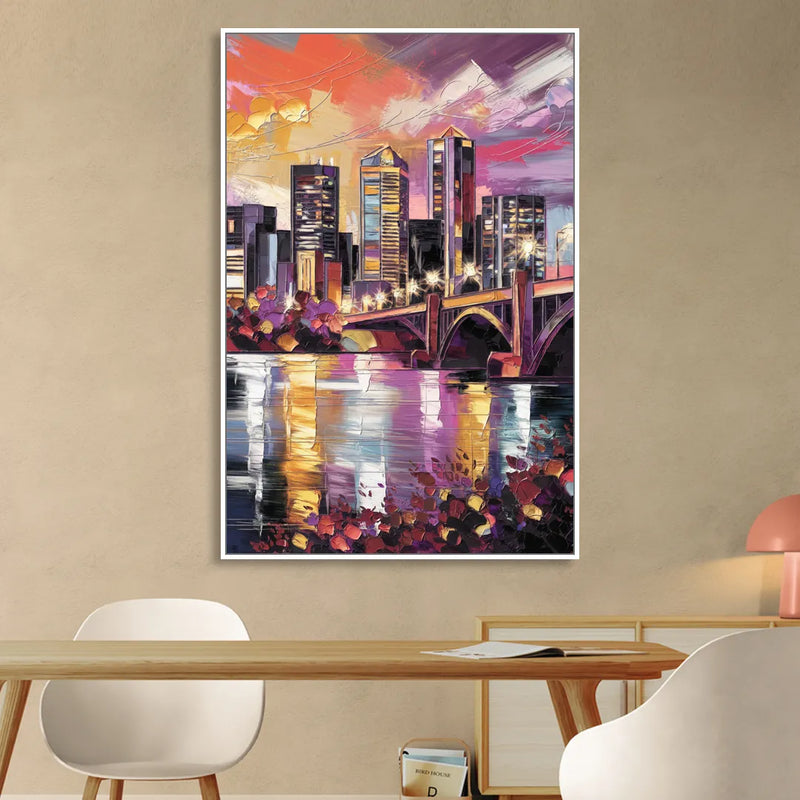 Minneapolis Vibrant City Lights Living Room - White Canvas Wall Art