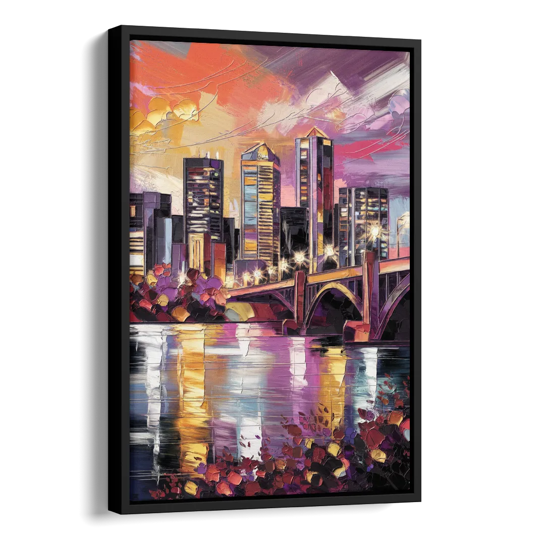 Minneapolis Vibrant City Lights Side - Black Canvas Wall Art