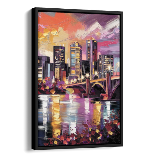 Minneapolis Vibrant City Lights Side - Black Canvas Wall Art