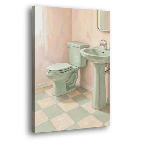 Mint Green Bathroom Decor with Checkerboard Tile - Canvas Wall Art - Side