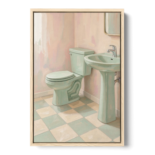 Mint Green Bathroom Decor with Checkerboard Tile - Oak Framed Canvas Wall Art - Front