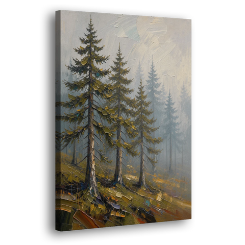 Misty Forest Painting of Pines on a Mossy Slope - Canvas Wall Art - Side