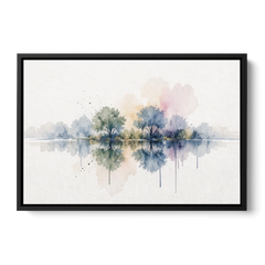 Misty Lake Painting with Mirrored Trees - Black Framed Canvas Wall Art - Front