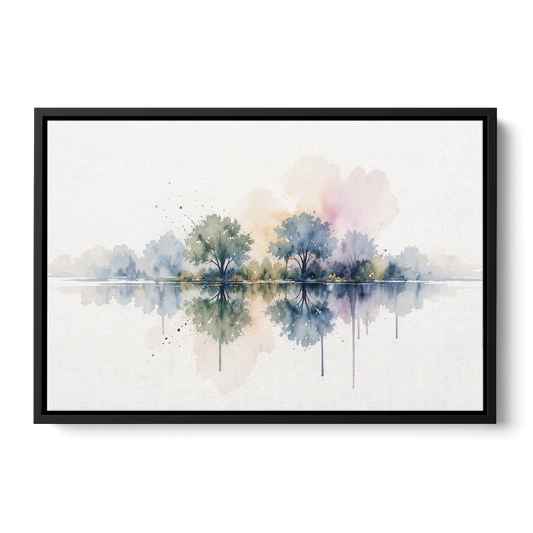 Misty Lake Painting with Mirrored Trees - Black Framed Canvas Wall Art - Front