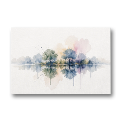 Misty Lake Painting with Mirrored Trees - Canvas Wall Art - Front
