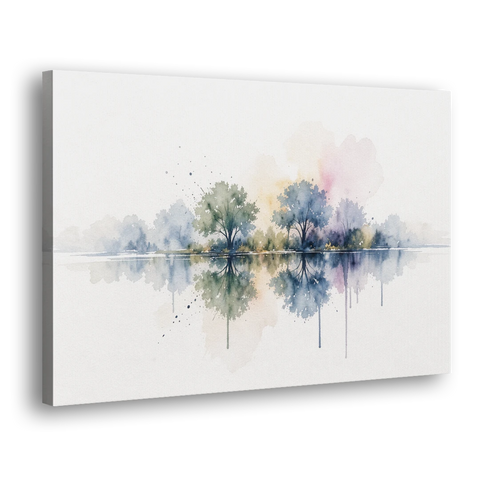 Misty Lake Painting with Mirrored Trees - Canvas Wall Art - Side