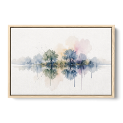 Misty Lake Painting with Mirrored Trees - Oak Framed Canvas Wall Art - Front
