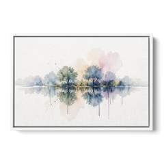Misty Lake Painting with Mirrored Trees - White Framed Canvas Wall Art - Front