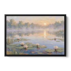 Misty Lily Pond at Sunrise for the Bedroom - Black Framed Canvas Wall Art - Front