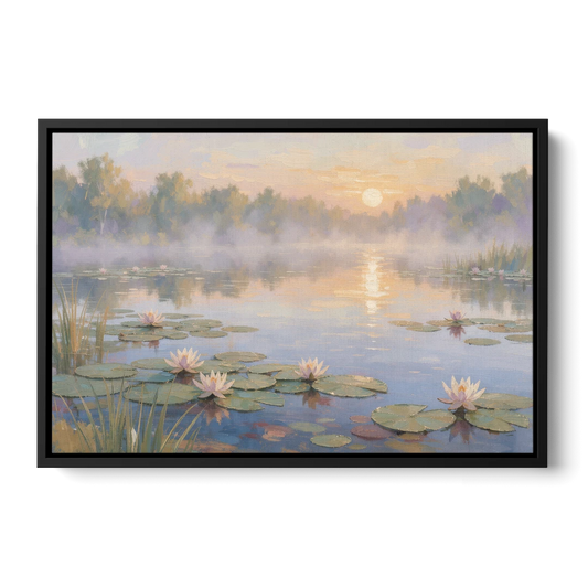 Misty Lily Pond at Sunrise for the Bedroom - Black Framed Canvas Wall Art - Front