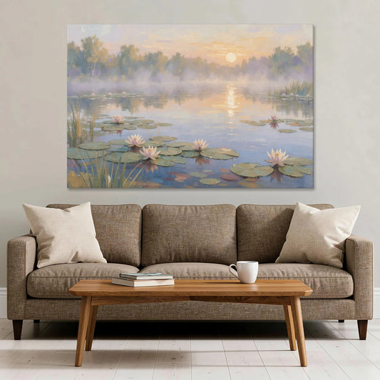 Misty Lily Pond at Sunrise for the Bedroom - Canvas Wall Art - Sofa - 60x40