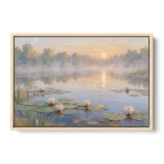 Misty Lily Pond at Sunrise for the Bedroom - Oak Framed Canvas Wall Art - Front