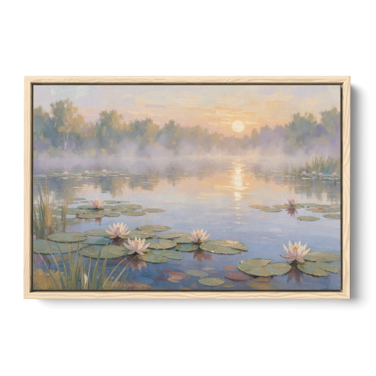Misty Lily Pond at Sunrise for the Bedroom - Oak Framed Canvas Wall Art - Front