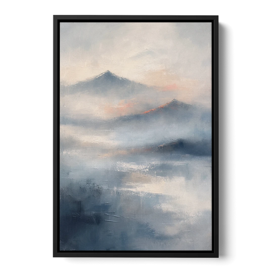 Misty Mountain Painting of Fading Summits - Black Framed Canvas Wall Art - Front