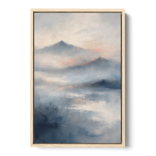 Misty Mountain Painting of Fading Summits - Oak Framed Canvas Wall Art - Front