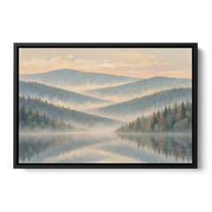 Misty Mountain Ridges at Dawn for the Bedroom - Black Framed Canvas Wall Art - Front