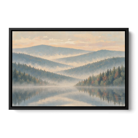 Misty Mountain Ridges at Dawn for the Bedroom - Black Framed Canvas Wall Art - Front