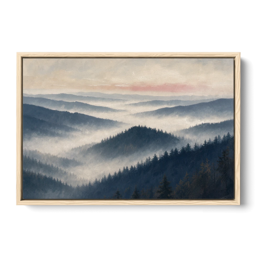 Misty Pine Ridges Over a Fog Valley - Oak Framed Canvas Wall Art - Front