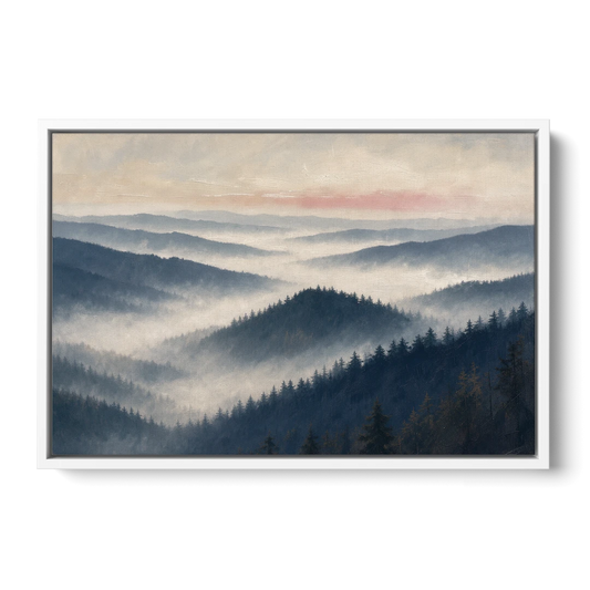 Misty Pine Ridges Over a Fog Valley - White Framed Canvas Wall Art - Front