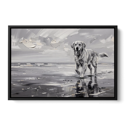Misty Shore Golden Retriever in Black and White - Black Framed Canvas Wall Art - Front
