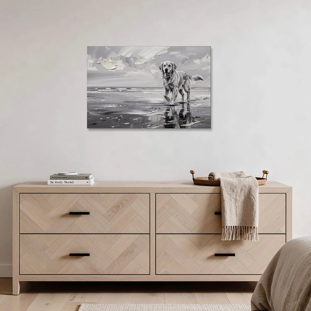 Misty Shore Golden Retriever in Black and White - Canvas Wall Art - Coffee Table - 36x24