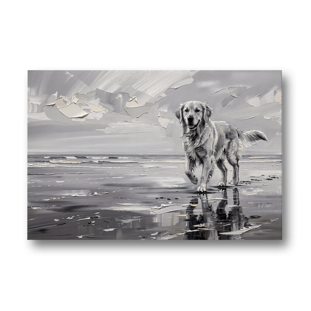 Misty Shore Golden Retriever in Black and White - Canvas Wall Art - Front